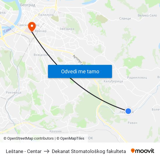 Leštane - Centar to Dekanat Stomatološkog fakulteta map