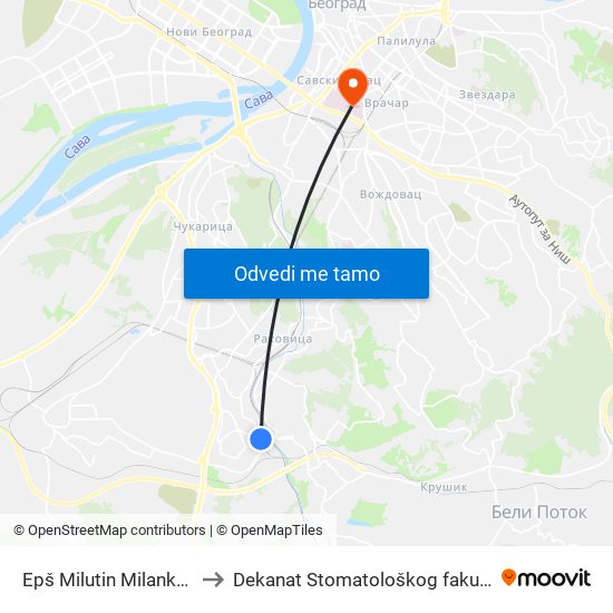 Epš Milutin Milanković to Dekanat Stomatološkog fakulteta map