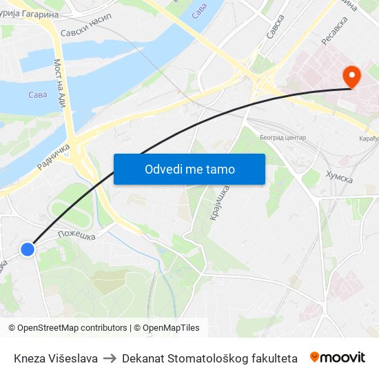 Kneza Višeslava to Dekanat Stomatološkog fakulteta map