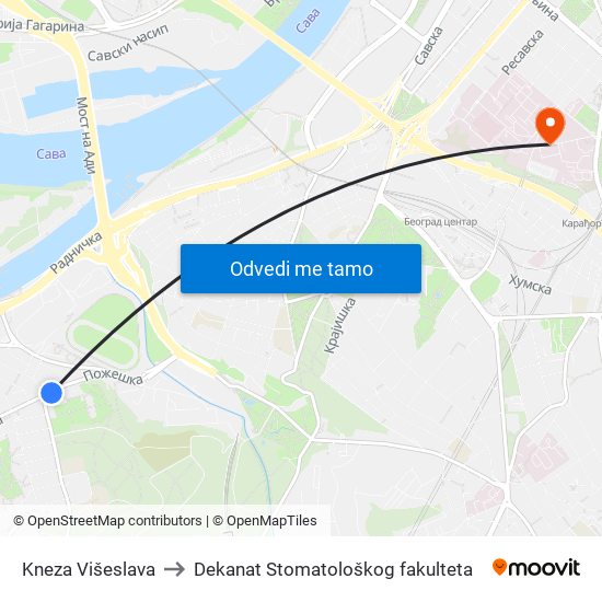 Kneza Višeslava to Dekanat Stomatološkog fakulteta map