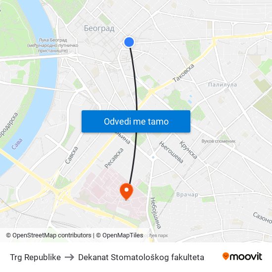 Trg Republike to Dekanat Stomatološkog fakulteta map
