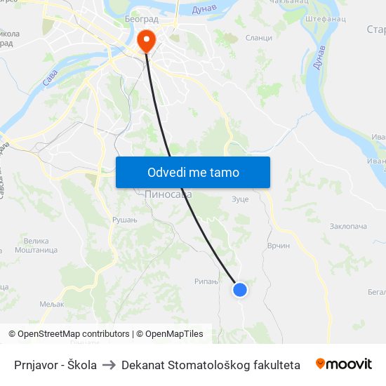 Prnjavor - Škola to Dekanat Stomatološkog fakulteta map