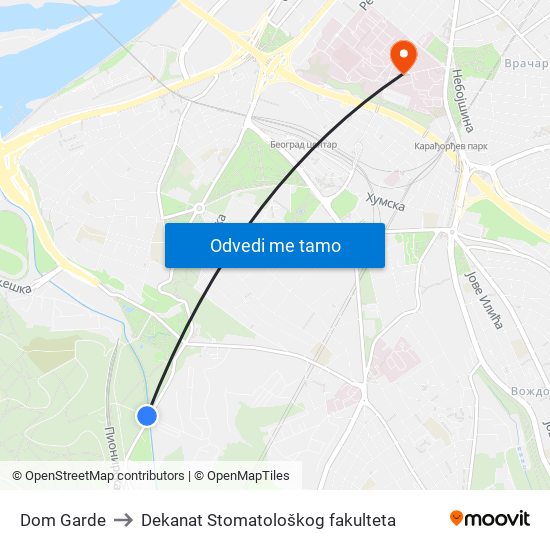 Dom Garde to Dekanat Stomatološkog fakulteta map