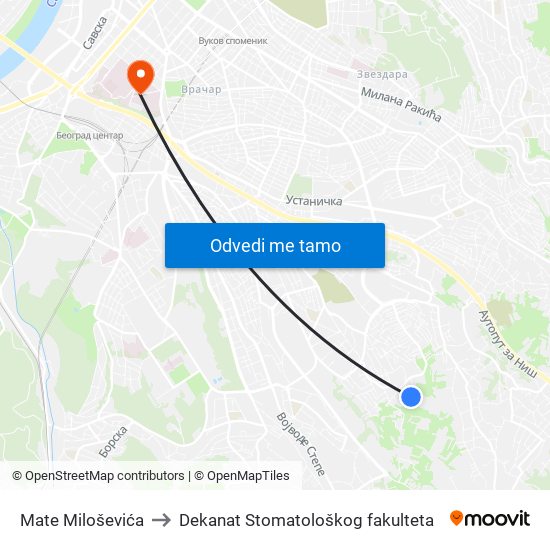 Mate Miloševića to Dekanat Stomatološkog fakulteta map