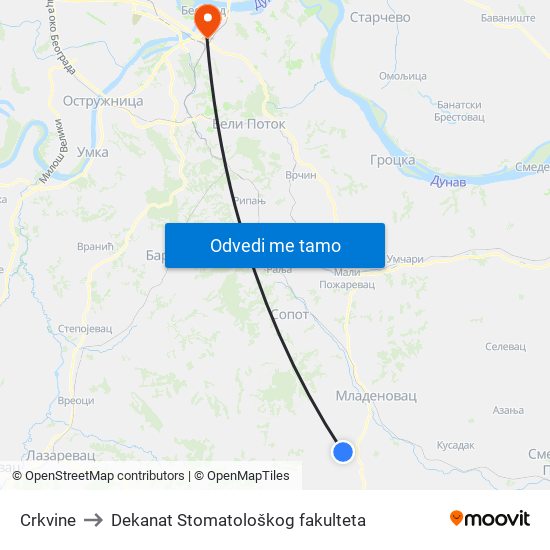 Crkvine to Dekanat Stomatološkog fakulteta map