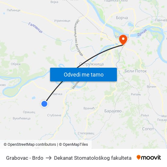 Grabovac - Brdo to Dekanat Stomatološkog fakulteta map