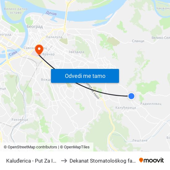 Kaluđerica - Put Za Institut to Dekanat Stomatološkog fakulteta map