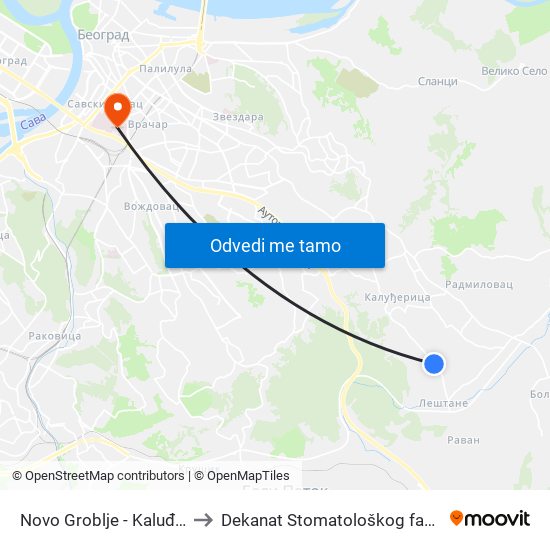 Novo Groblje - Kaluđerica to Dekanat Stomatološkog fakulteta map