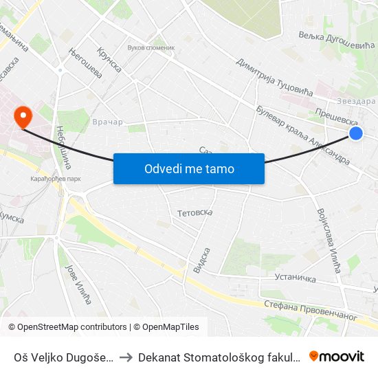 Oš Veljko Dugošević to Dekanat Stomatološkog fakulteta map