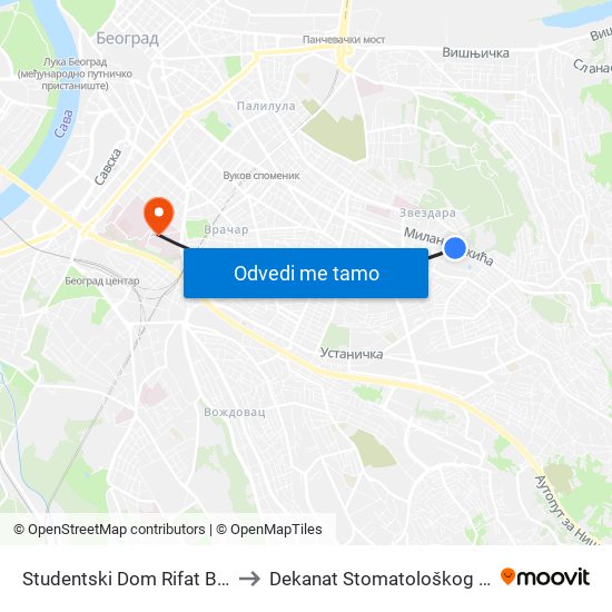 Studentski Dom Rifat Burdžević to Dekanat Stomatološkog fakulteta map