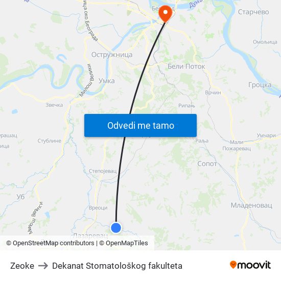 Zeoke to Dekanat Stomatološkog fakulteta map