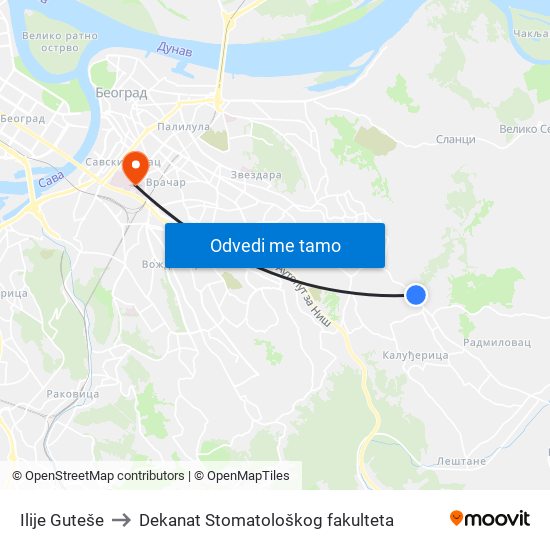 Ilije Guteše to Dekanat Stomatološkog fakulteta map