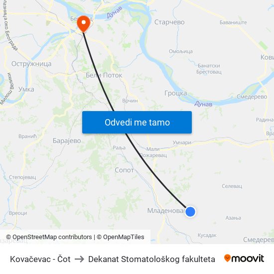 Kovačevac - Čot to Dekanat Stomatološkog fakulteta map