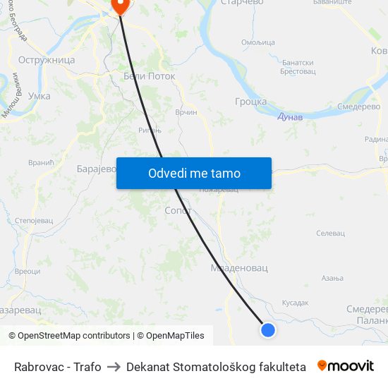 Rabrovac - Trafo to Dekanat Stomatološkog fakulteta map