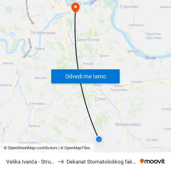 Velika Ivanča - Strugara to Dekanat Stomatološkog fakulteta map