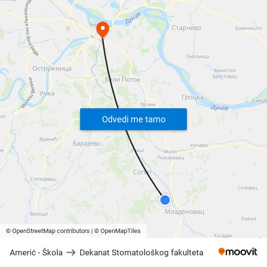 Аmerić - Škola to Dekanat Stomatološkog fakulteta map