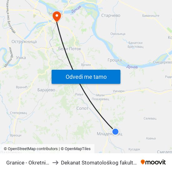 Granice - Okretnica to Dekanat Stomatološkog fakulteta map