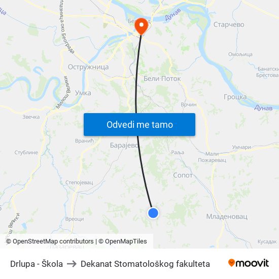 Drlupa - Škola to Dekanat Stomatološkog fakulteta map