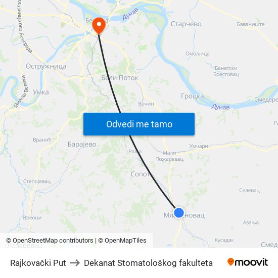 Rajkovački Put to Dekanat Stomatološkog fakulteta map