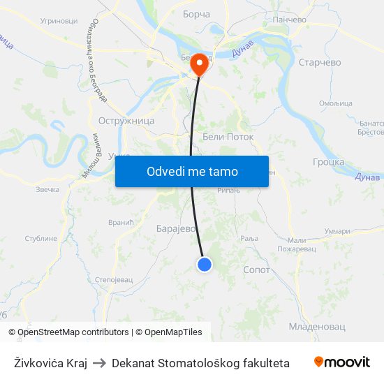 Živkovića Kraj to Dekanat Stomatološkog fakulteta map