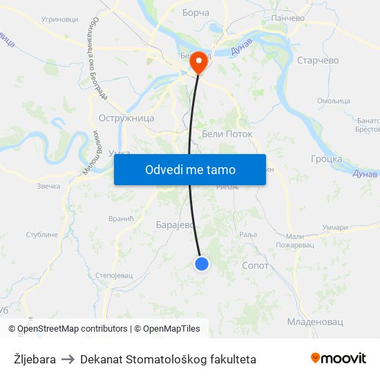 Žljebara to Dekanat Stomatološkog fakulteta map