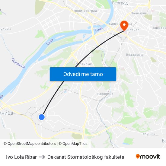 Ivo Lola Ribar to Dekanat Stomatološkog fakulteta map