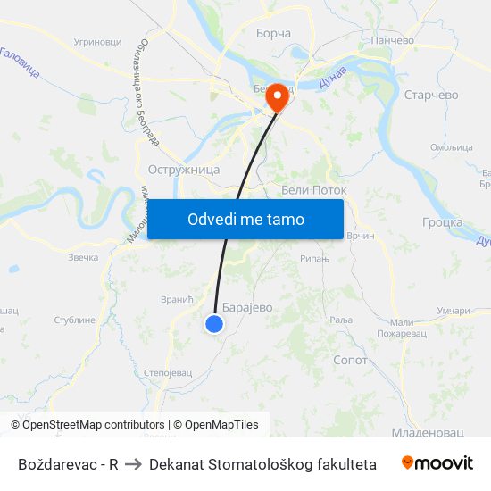 Boždarevac - R to Dekanat Stomatološkog fakulteta map