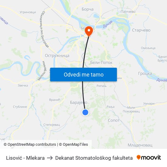 Lisović - Mlekara to Dekanat Stomatološkog fakulteta map