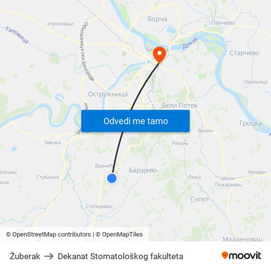 Žuberak to Dekanat Stomatološkog fakulteta map