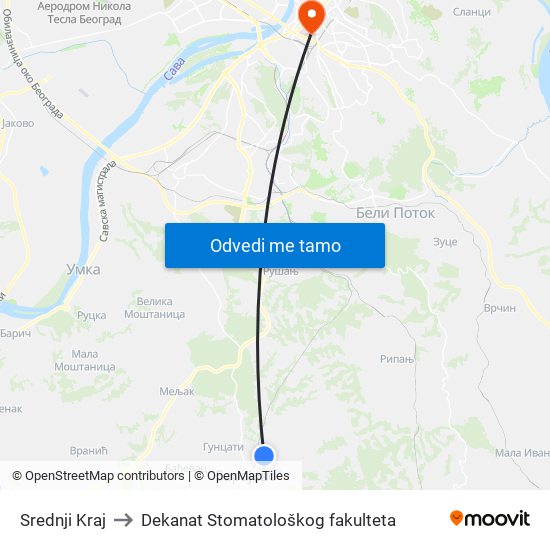 Srednji Kraj to Dekanat Stomatološkog fakulteta map