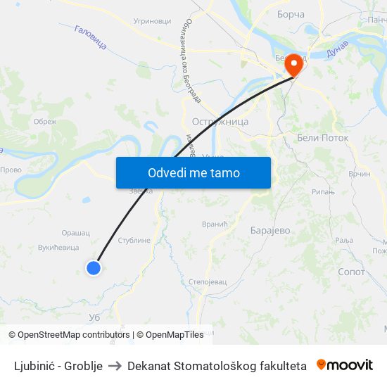 Ljubinić - Groblje to Dekanat Stomatološkog fakulteta map