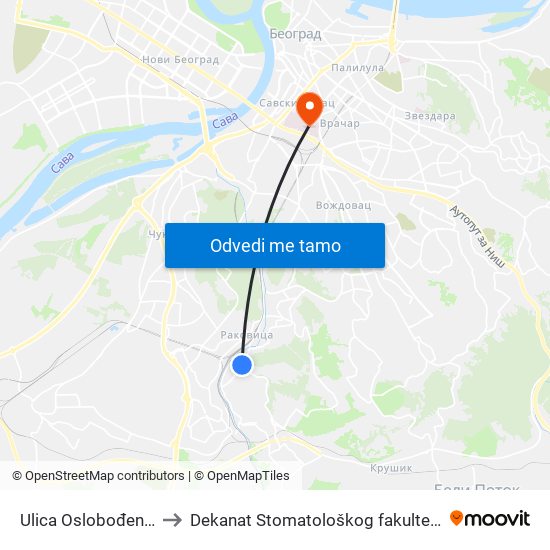 Ulica Oslobođenja to Dekanat Stomatološkog fakulteta map