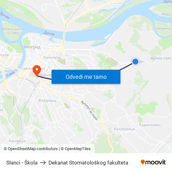 Slanci - Škola to Dekanat Stomatološkog fakulteta map