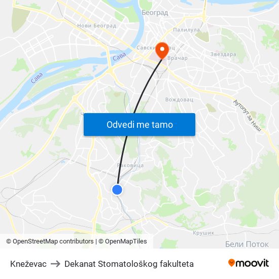 Kneževac to Dekanat Stomatološkog fakulteta map