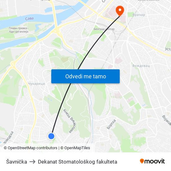 Šavnička to Dekanat Stomatološkog fakulteta map