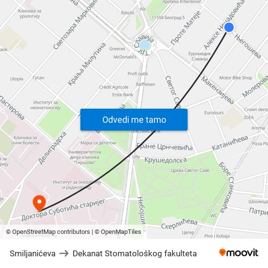 Smiljanićeva to Dekanat Stomatološkog fakulteta map