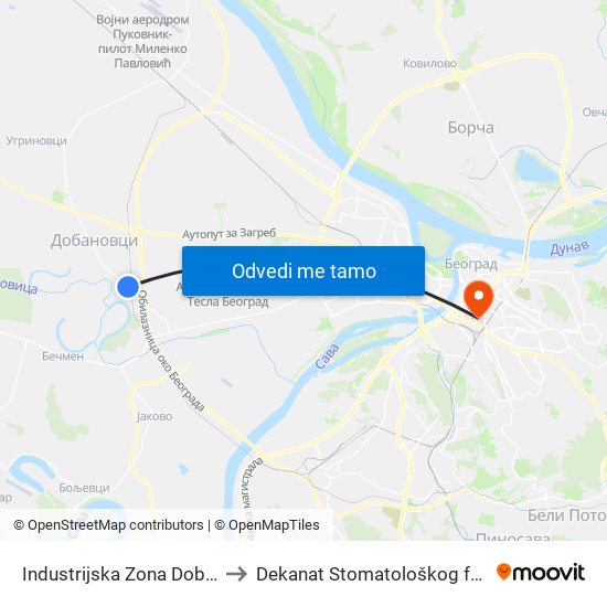 Industrijska Zona Dobanovci to Dekanat Stomatološkog fakulteta map