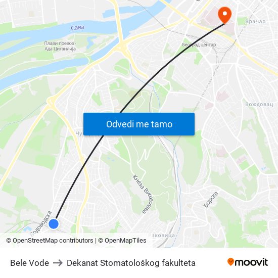 Bele Vode to Dekanat Stomatološkog fakulteta map