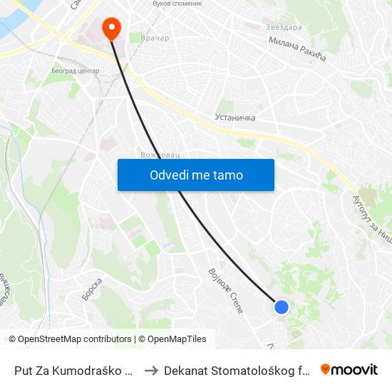 Put Za Kumodraško Groblje to Dekanat Stomatološkog fakulteta map