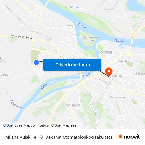 Milana Vujaklije to Dekanat Stomatološkog fakulteta map