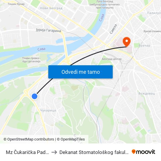 Mz Čukarička Padina to Dekanat Stomatološkog fakulteta map