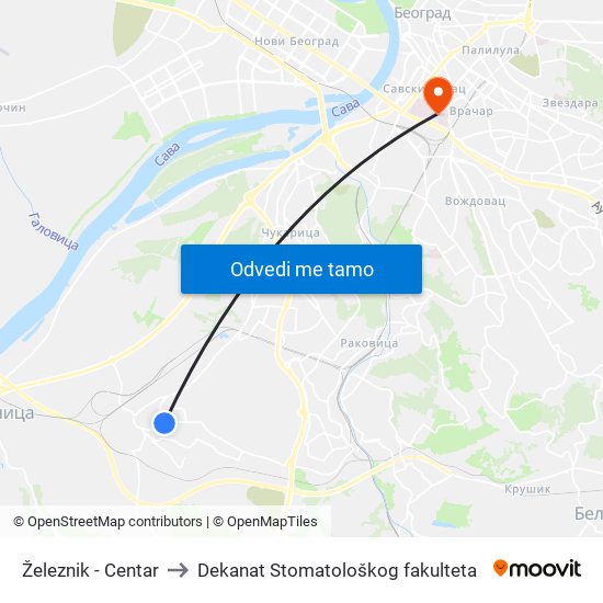 Železnik - Centar to Dekanat Stomatološkog fakulteta map