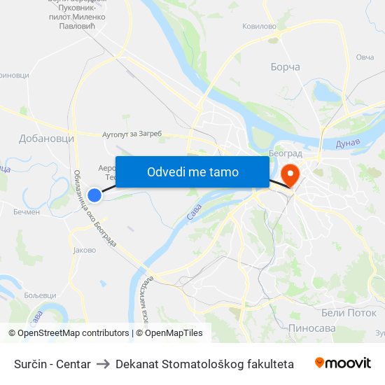 Surčin - Centar to Dekanat Stomatološkog fakulteta map