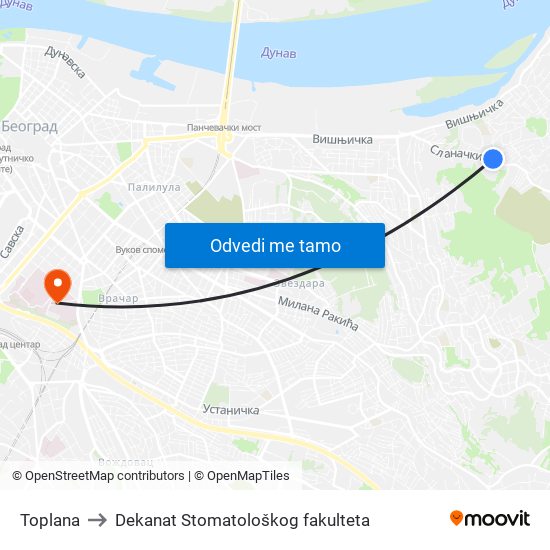 Toplana to Dekanat Stomatološkog fakulteta map