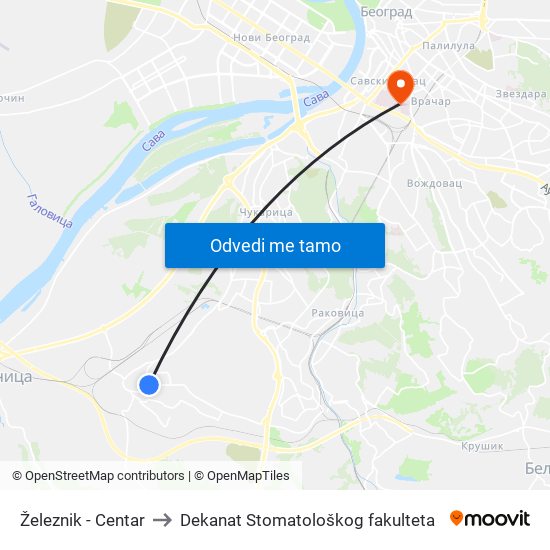 Železnik - Centar to Dekanat Stomatološkog fakulteta map