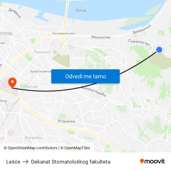 Lešće to Dekanat Stomatološkog fakulteta map