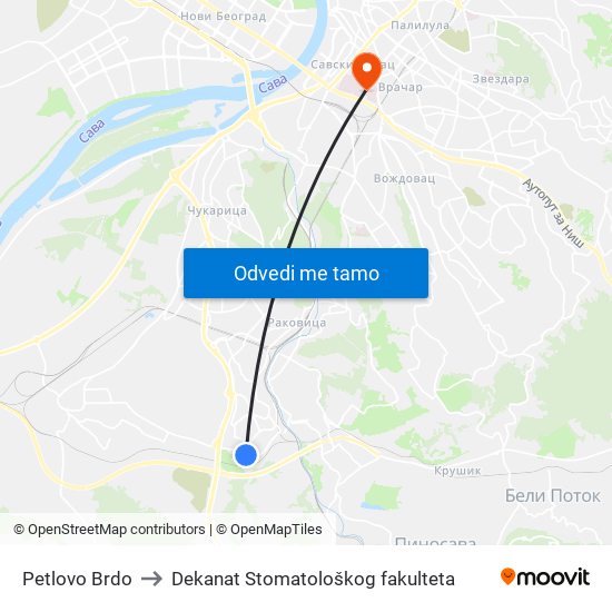 Petlovo Brdo to Dekanat Stomatološkog fakulteta map