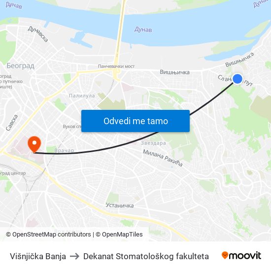 Višnjička Banja to Dekanat Stomatološkog fakulteta map