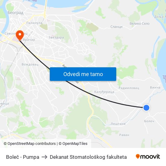 Boleč - Pumpa to Dekanat Stomatološkog fakulteta map