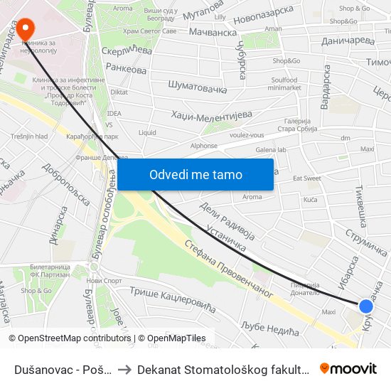 Dušanovac - Pošta to Dekanat Stomatološkog fakulteta map